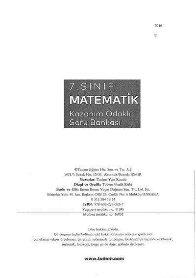 MATEMATİK KAZANIM ODAKLI SORU BANKASI Fotokopinci -