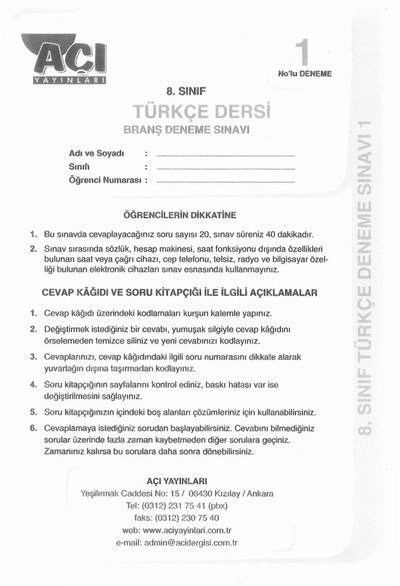TÜRKÇE DERSİ BRANŞ DENEME SINAVI Fotokopinci -