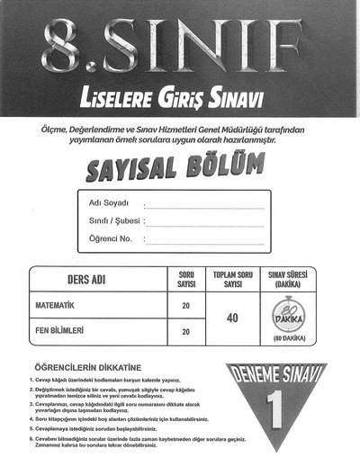 LİSELERE GİRİŞ SINAVI SAYISAL BÖLÜM DENEME SINAVI Fotokopinci -