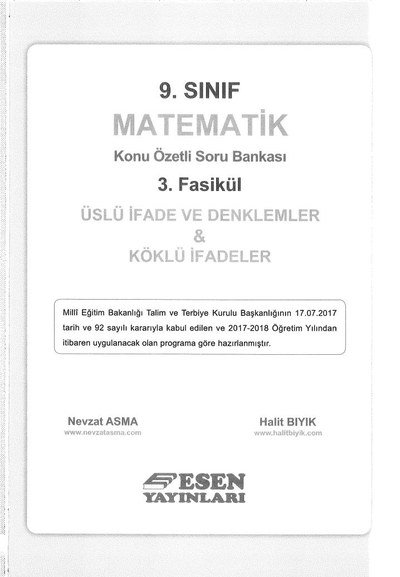 MATEMATİK KONU ÖZETLİ SORU BANKASI 3. FASİKÜL ÜSLÜ İFADE VE DENKLEMLER & KÖKLÜ İFADELER Fotokopinci -