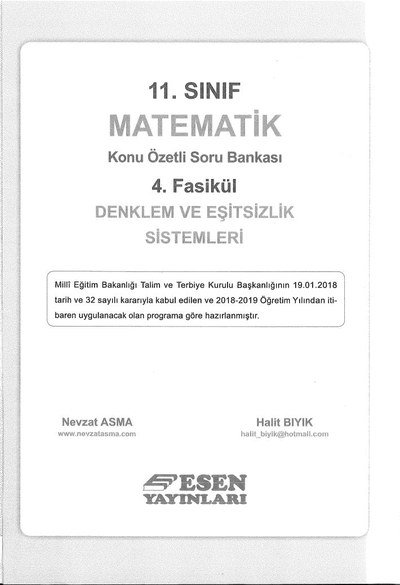 MATEMATİK KONU ÖZETLİ SORU BANKASI 4. FASİKÜL DENKLEM VE EŞİTSİZLİK SİSTEMLERİ Fotokopinci -