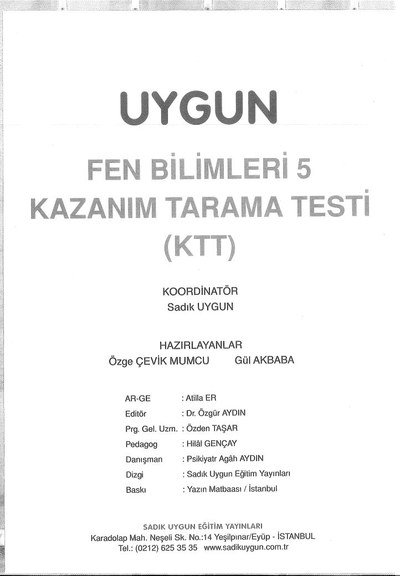 UYGUN FEN BİLİMLERİ KAZANIM TARAMA TESTİ Fotokopinci -
