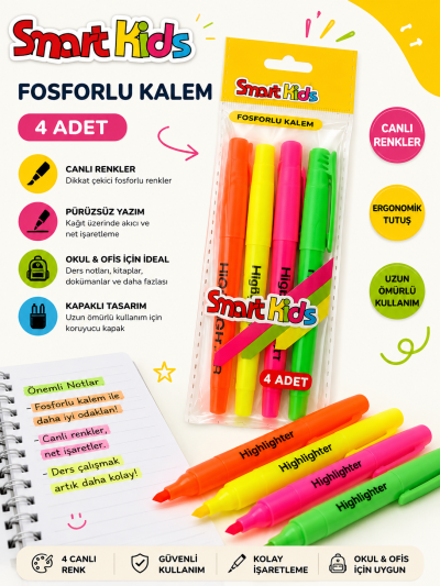 Smart Kids 4 Adet Fosforlu Kalem Fotokopinci -
