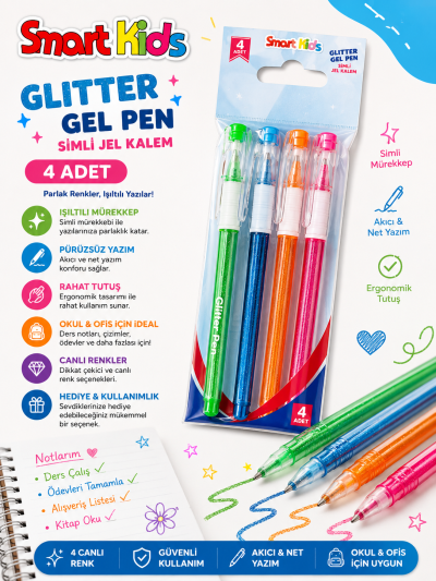 Smart Kids Glitter Simli Jel Kalem 4'lü Fotokopinci -