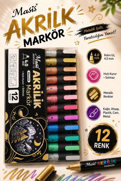 Masis AKRİLİK METALİK MARKÖRÜ 12 Lİ AKM925K-12 Fotokopinci -