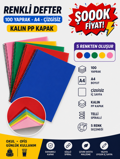 Renkli A4 100 Yaprak Çizgisiz Telli Defter Fotokopinci -
