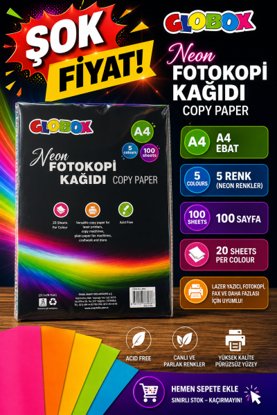 5 Renk 100 Sayfa Renkli Fotokopi Kağıdı Neon Globox Fotokopinci -