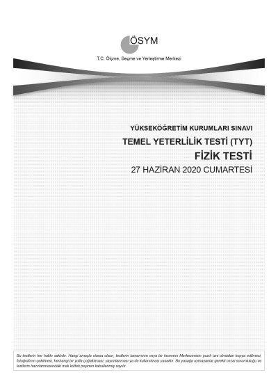 FİZİK SON 11 YIL ÇIKMIŞ SORULAR (TYT) (2020 DAHİL) Fotokopinci -