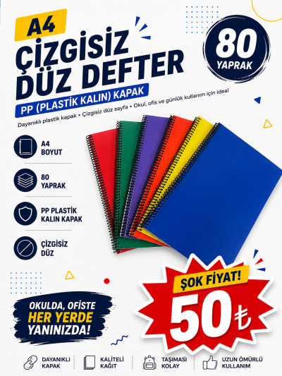 A4 80 Yaprak Çizgisiz PP (Kalın Plastik) KAPAK DEFTER Fotokopinci -