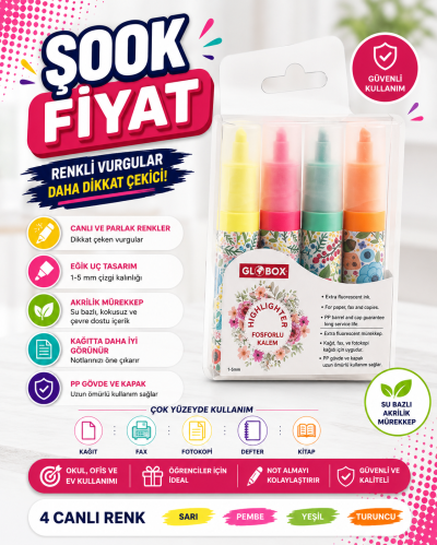 Globox Fosforlu Kalem Baskılı 4 Lü Set Fotokopinci -