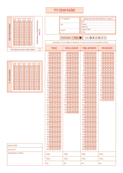 50'Lİ OPTİK FORM RENKLİ A4 ŞEKLİNDE Fotokopinci -