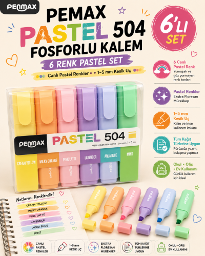 Penmax Fosforlu Işaretleme Kalemi Pastel Renkler 6'lı Set Fotokopinci -
