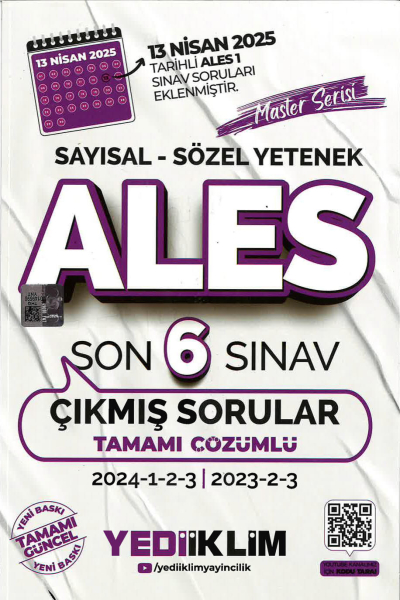 ALES Master Serisi Sayısal Sözel Yetenek Tamamı Çözümlü Son 6 Sınav Çıkmış Sorular Yediiklim Yayınları (2023-2024) Fotokopinci -