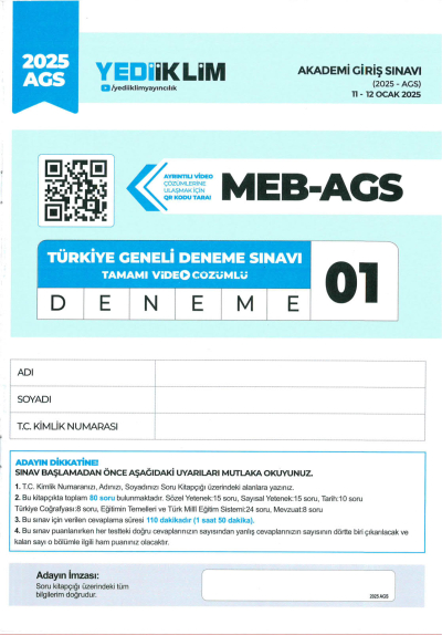 2025 MEB AGS TÜRKİYE GENELİ DENEME SINAVLARI YEDİİKLİM YAYINLARI 1-2-3-4-5 DENEMELER (QR ÇÖZÜMLÜ) Fotokopinci -