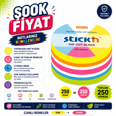 Hopax Stıck'n 21830 Yapışkanlı Yuvarlak Blok Neon 250 Yaprak Fotokopinci -