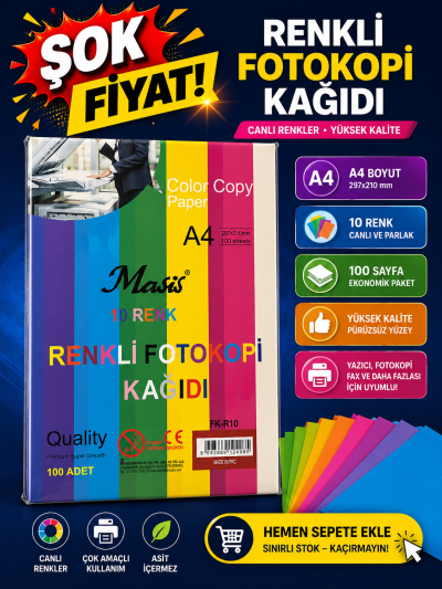 10 Renk 100 Sayfa Renkli Fotokopi Kağıdı Fotokopinci -