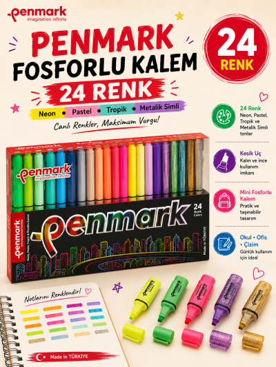 Penmark Fosforlu Kalem 24 Lü Süper Kutu 6 Neon+6 Pastel+6 Tropik+6 Simli Fotokopinci -
