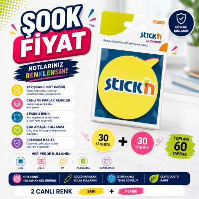 2 Neon Renk Yuvarlak Konuşma Balonu 60 Yaprak 76x76 Yapışkanlı Not Kağıdı Fotokopinci -