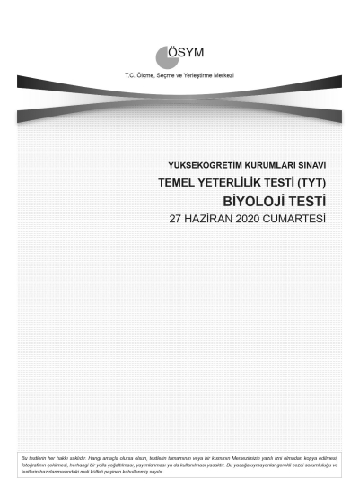 BİYOLOJİ SON 11 YIL ÇIKMIŞ SORULAR (TYT) (2020 DAHİL) Fotokopinci -