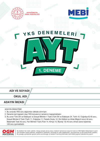YKS Denemeleri AYT 1. Deneme MEBİ Fotokopinci -
