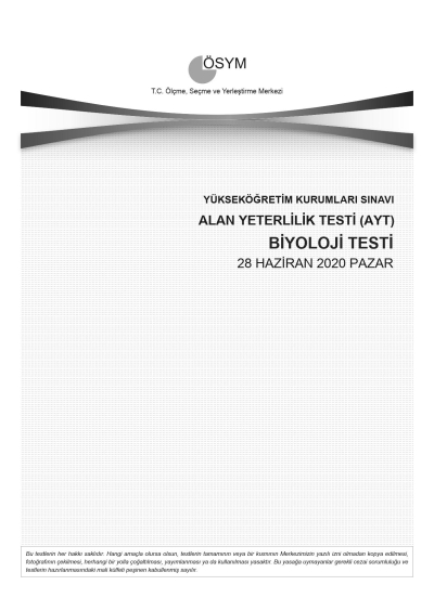 BİYOLOJİ SON 11 YIL ÇIKMIŞ SORULAR (AYT) (2020 DAHİL) Fotokopinci -
