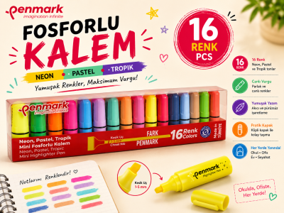 Penmark Mini Fosforlu Kalem 16 Lı Neon+Pastel+Tropik Fotokopinci -
