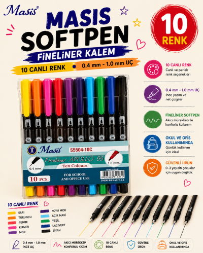 Masis Fineliner Apollo 55 İki Uçlu Kalem 10Lu Fotokopinci -