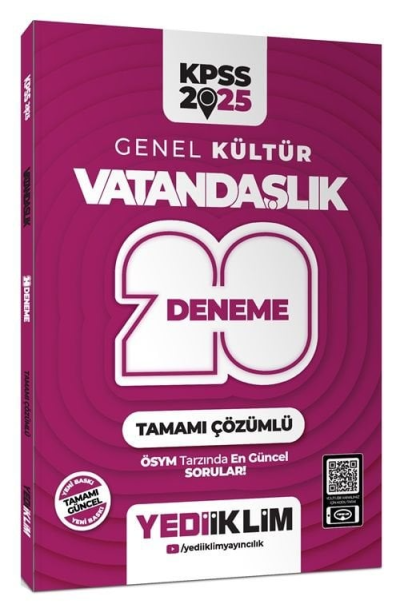 2025 KPSS Genel Kültür Vatandaşlık Tamamı Çözümlü 20 Deneme Yediiklim Yayınları Fotokopinci -