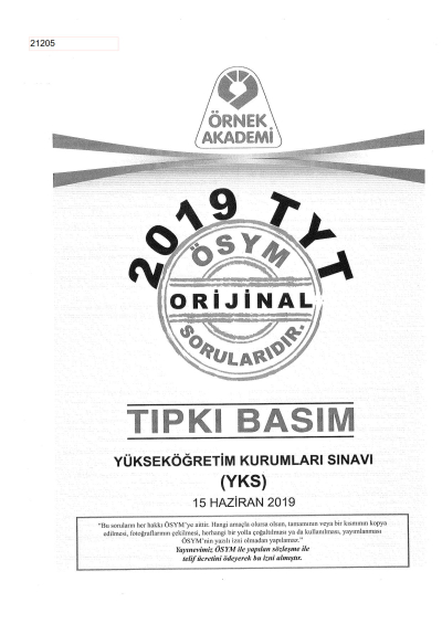 2019 TYT Deneme - TYT Türkiye Geneli Deneme Sınavı-1 (PEGEM) Fotokopinci -