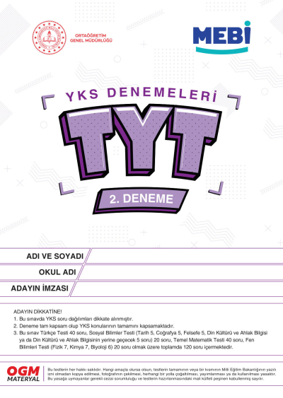 MEBİ YKS Denemeleri TYT 2. Deneme Fotokopinci -