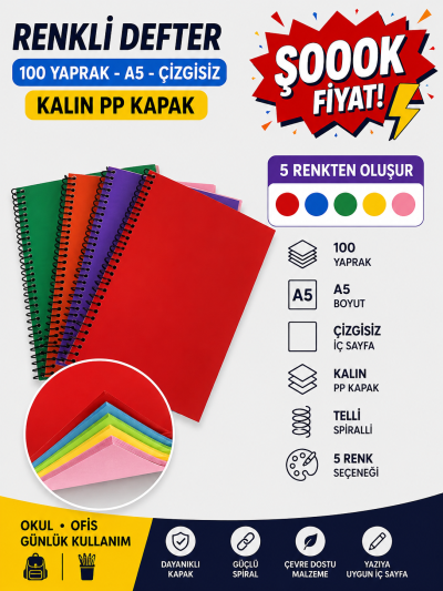 Renkli A5 100 Yaprak Çizgisiz Telli Defter Fotokopinci -