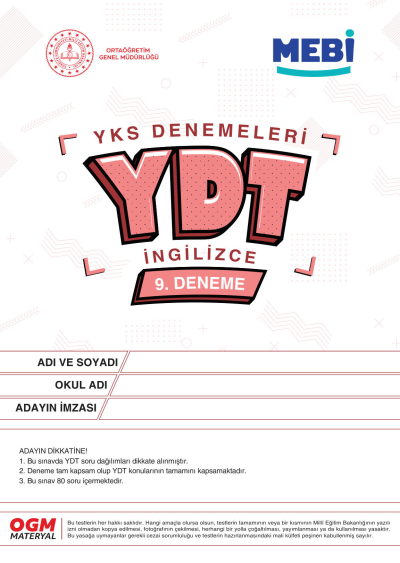 YDT Denemeleri İngilizce 9. Deneme MEBİ Fotokopinci -