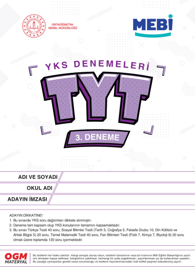 MEBİ YKS Denemeleri TYT 3. Deneme Fotokopinci -