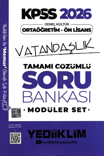2026 KPSS Lise Ortaöğretim Ön Lisans Soru Bankası Çözümlü Modüler VATANDAŞLIK Yediiklim Yayınları