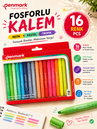 Penmark Kalem Tipi Fosforlu Kalem 18 Li Bristol Neon+Pastel+Tropik Fotokopinci -