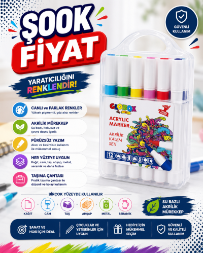 Globox Akrilik Marker Kalem Seti 12 Renk Fotokopinci -
