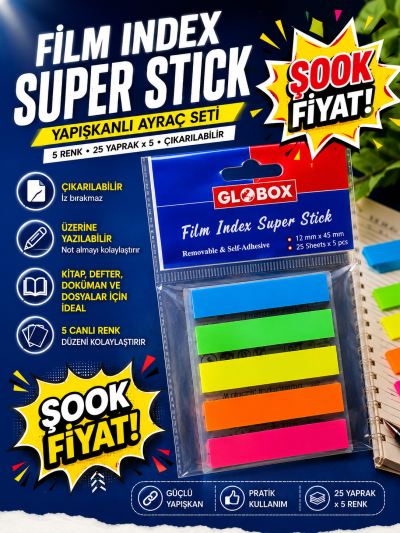 Globox Film İndex 25 Yaprak 5 Renk Kitap Defter Ayraç Fotokopinci -