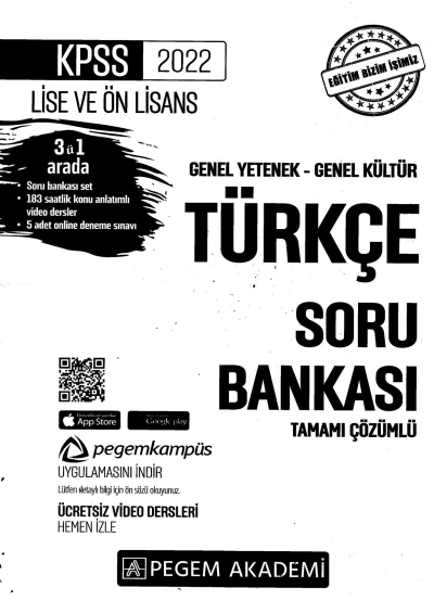 2022 KPSS LİSE VE ÖNLİSANS TÜRKÇE SORU BANKASI Fotokopinci -