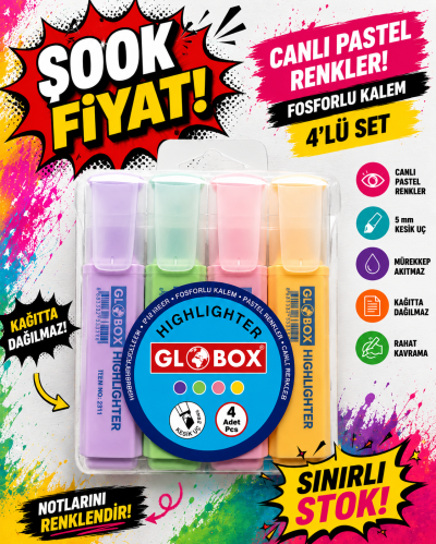 Globox Fosforlu Kalem Pastel Renk 4.lü Fotokopinci -