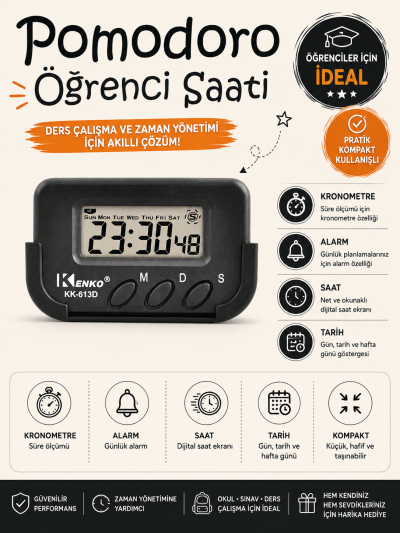 Kenko Pomodoro Öğrenci Saati - Kronometreli Ders Çalışma Saati - Dijital Masa Saati Kenko KK-613D Fotokopinci -