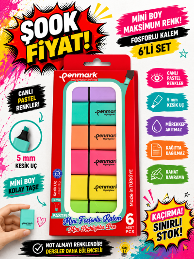 MİNİ FOSFORLU KALEM 6 LI PASTEL PENMARK Fotokopinci -